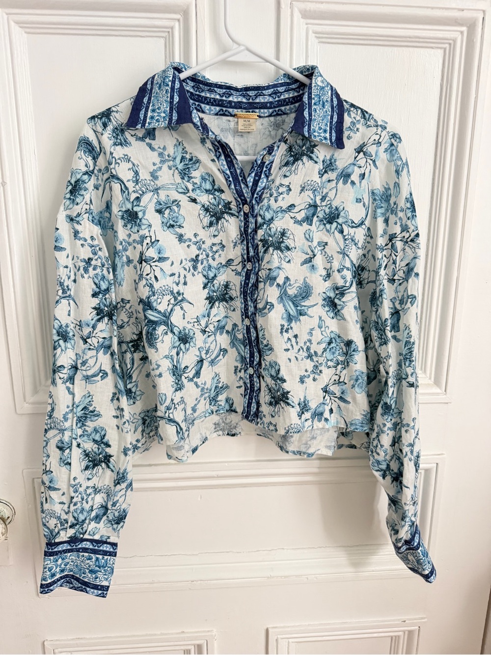Magaschoni Boho Blue Linen Floral Button-Up Shirt - M